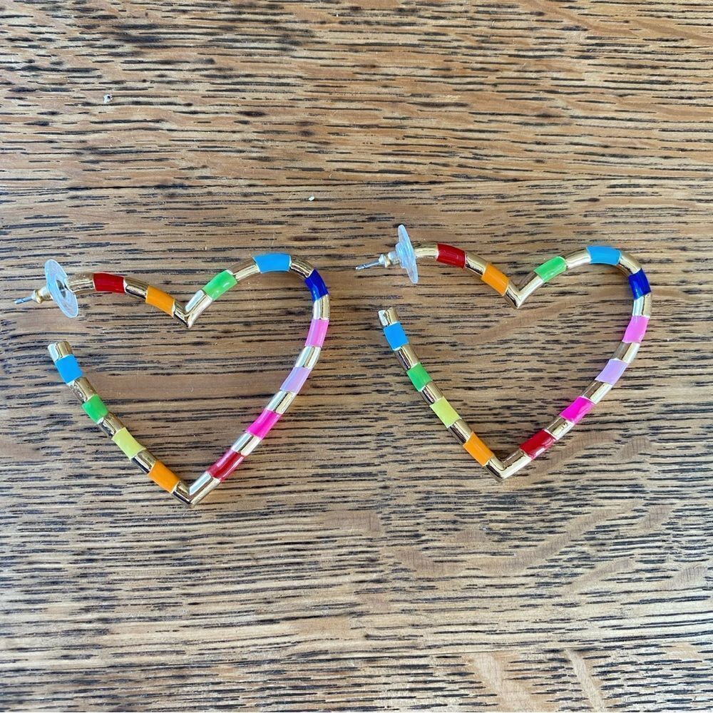 Gold & Multicolored Heart Hoop Pierced Earrings. Excellent Condition! - Picture 3 of 4